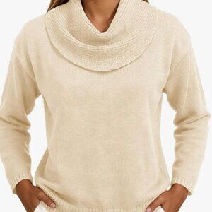 Cream Cozy Knitted Women's Cowl Neck Sweater Size Small